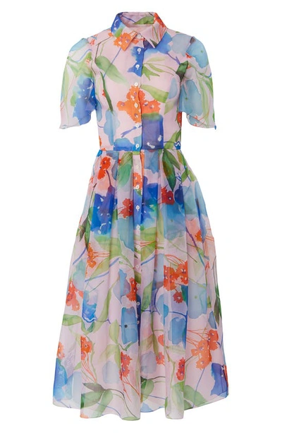Shop Carolina Herrera Floral Contrast Belt Silk Shirtdress In Blush Multi