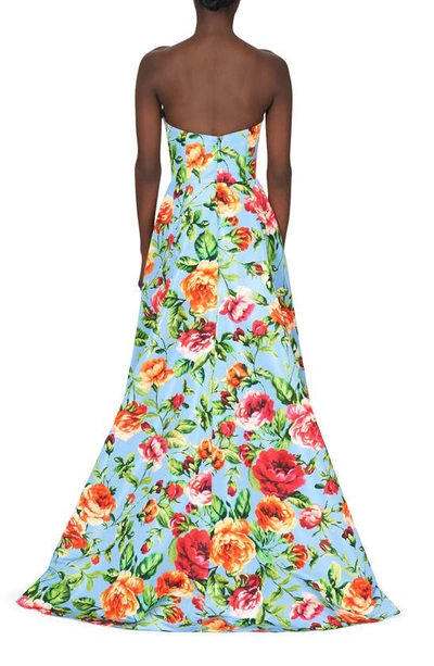 Shop Carolina Herrera Floral Strapless A-line Gown In Lake Blue Multi