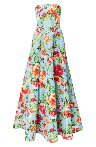 Shop Carolina Herrera Floral Strapless A-line Gown In Lake Blue Multi
