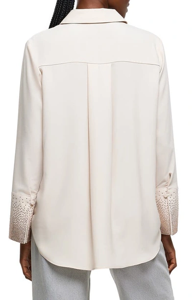 Shop River Island Hotfix Crystal Cuff Satin Button-up Shirt In Ivory