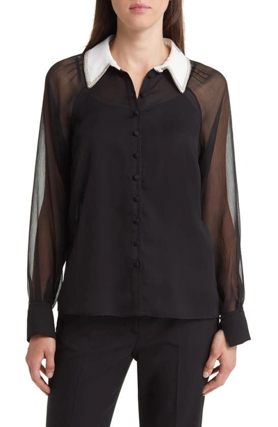 Shop Ted Baker Chayse Beaded Collar Chiffon Button-up Shirt In Black