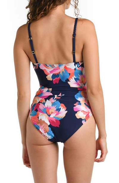 Shop La Blanca Lingerie Floral Print Braided Strap One-piece Swimsuit In Indigo