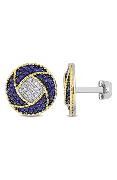 Shop Delmar 18k Gold Plated Sterling Silver Lab Created Sapphire & Diamond Cuff Links In Blue