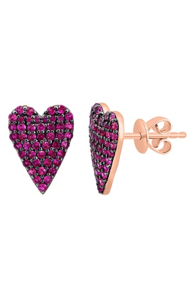 Effy 14k Rose Gold Pavé Pink Sapphire Heart Stud Earrings In Pink