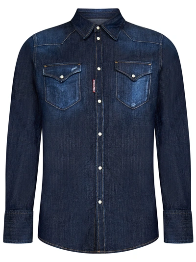 Shop Dsquared2 Camicia Dark Classic Wash Western  In Blu