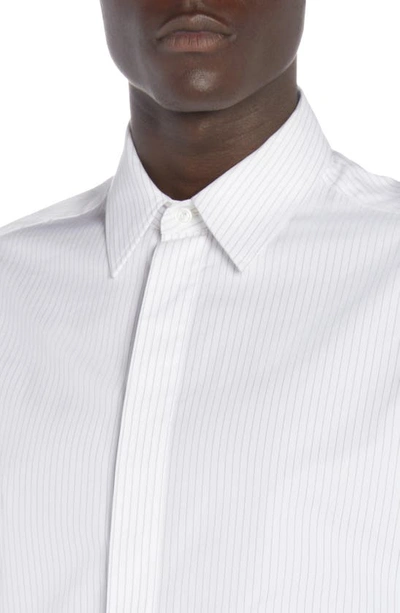 Shop Bottega Veneta Narrow Pinstripe Button-up Oxford Shirt In White/ Grey