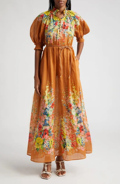 Shop Zimmermann Alight Placed Floral Print Ramie Maxi Dress In Tan Floral
