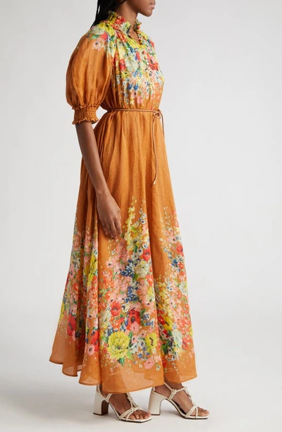 Shop Zimmermann Alight Placed Floral Print Ramie Maxi Dress In Tan Floral