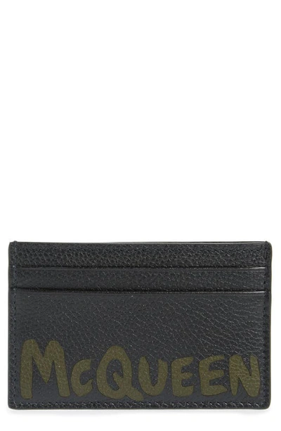 Shop Alexander Mcqueen Graffiti Logo Leather Card Holder In Black/ Khaki