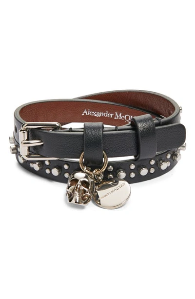 Shop Alexander Mcqueen Leather Wrap Bracelet In Black