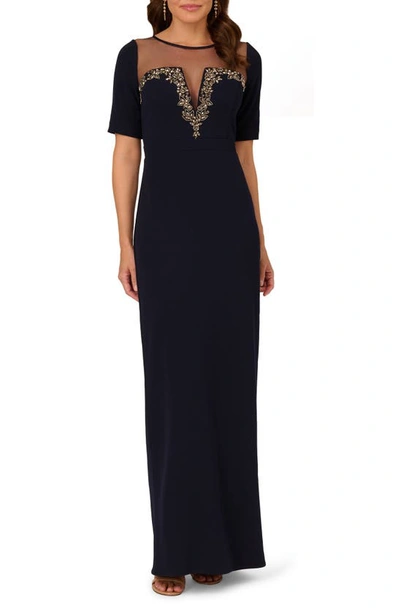 Shop Adrianna Papell Illusion Neck Stretch Crepe Column Gown In Midnight