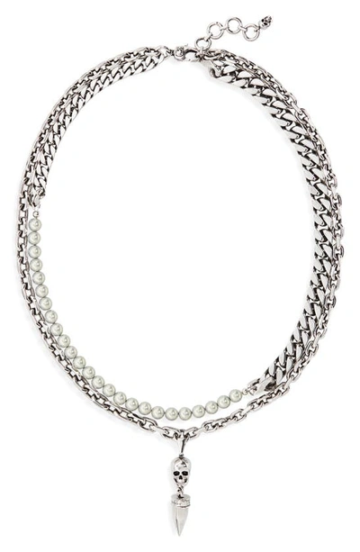Shop Alexander Mcqueen Layered Skull Pendant Necklace In A.silver/ Pearl