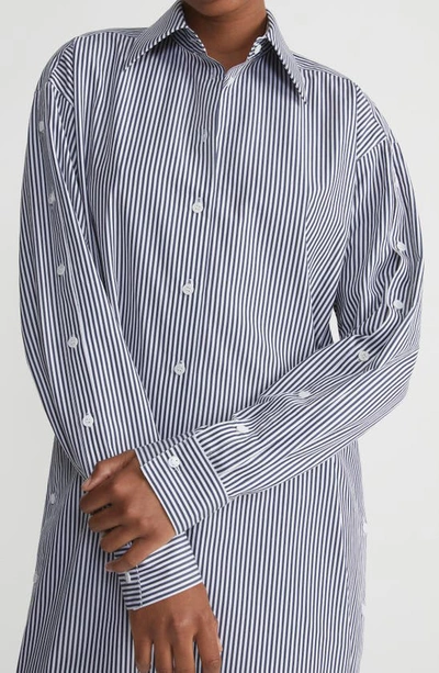 Shop Lafayette 148 Stripe Long Sleeve Oversize Cotton Poplin Midi Shirtdress In Midnight Blue Multi