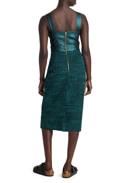 St John Jewel-button Metallic Italian Slub Tweed Sleeveless Dress In Dark Teal/ Black Multi