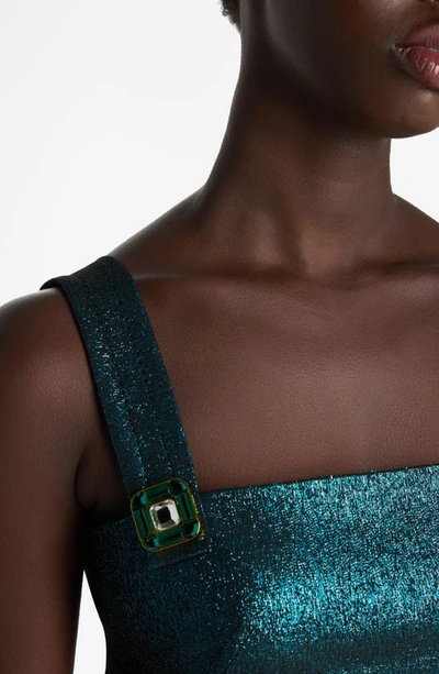St John Jewel-button Metallic Italian Slub Tweed Sleeveless Dress In Dark Teal/ Black Multi