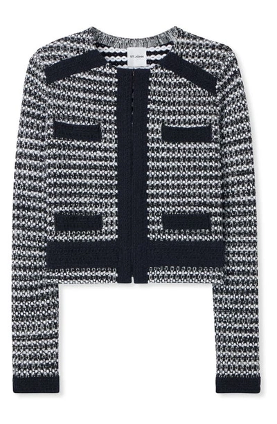 Shop St John Bicolor Mixed Knit Crop Jacket In Black/ Ivory Multi