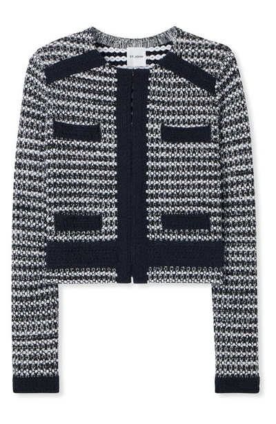 St John Textured-trim Bi-color Knit Jacket In Black/ Ivory Multi