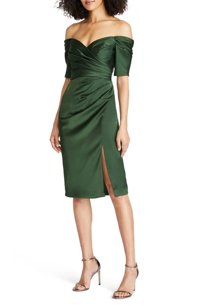 Shop Theia Holland Pleated Off The Shoulder Satin Cocktail Dress In Moss Green