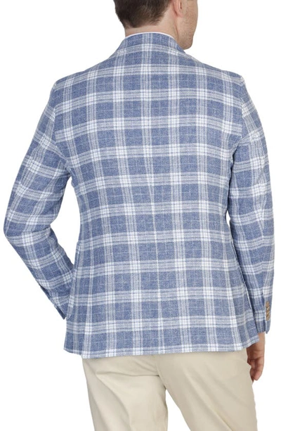 Tailorbyrd Blue Plaid Notch Lapel Linen Blend Sport Coat In Prussian Blue
