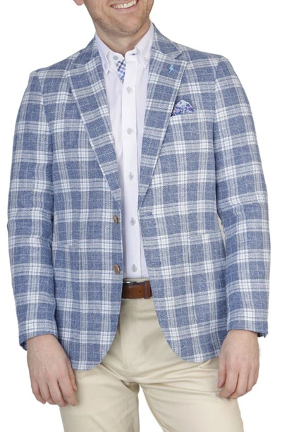 Tailorbyrd Blue Plaid Notch Lapel Linen Blend Sport Coat In Prussian Blue