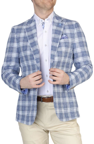 Tailorbyrd Blue Plaid Notch Lapel Linen Blend Sport Coat In Prussian Blue