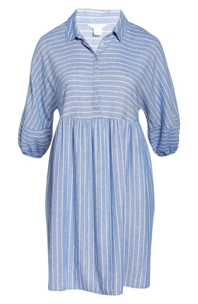 Caslon Long Sleeve Linen Blend Shirtdress In Blue- White Lena Stripe
