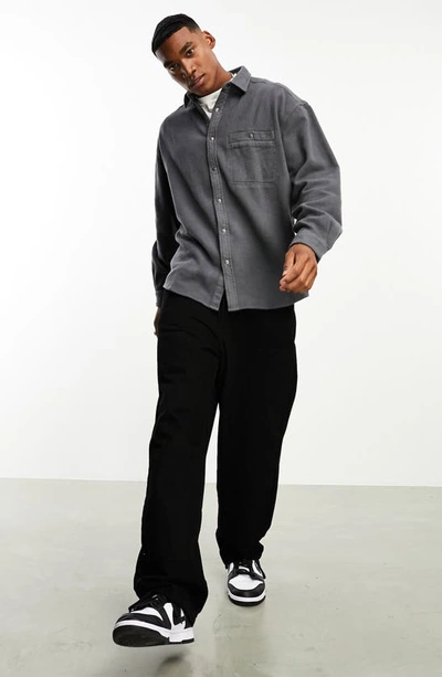 Shop Asos Design Oversize Flannel Snap-up Shirt In Charcoal