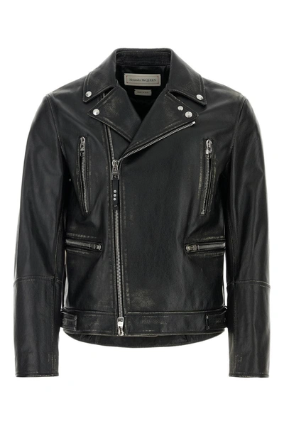 Shop Alexander Mcqueen Leather Jackets In Blackivory