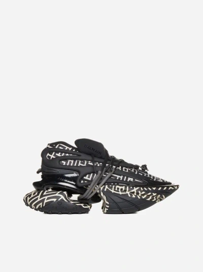 Shop Balmain Unicorn Monogram Neoprene Sneakers In Ivory,black