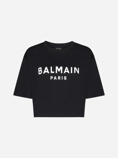 Shop Balmain Logo Cotton Cropped T-shirt In Black,white