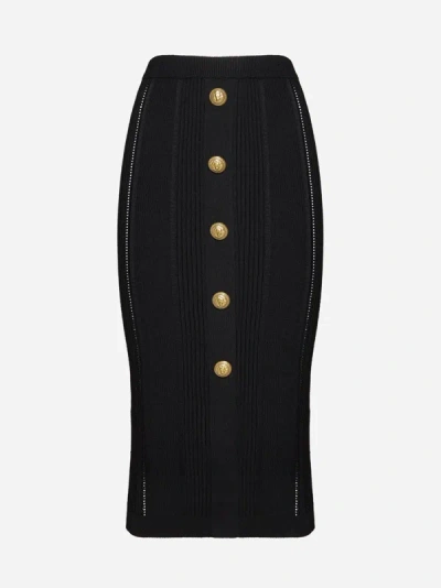 Shop Balmain Viscose-blend Knit Midi Skirt In Black