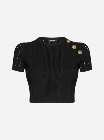 Shop Balmain Button-detail Knit Cropped Top In Black