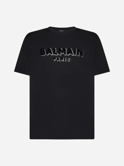 Shop Balmain Logo Cotton T-shirt In Black,silver