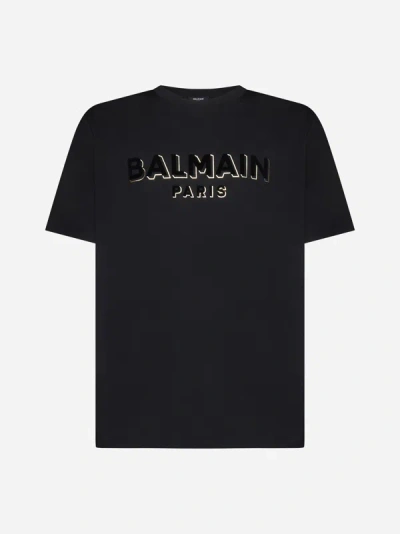 Shop Balmain Logo Cotton T-shirt In Black,gold