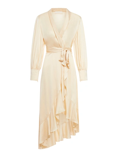 Shop Zimmermann Silk Wrap Midi Dress In Ivory