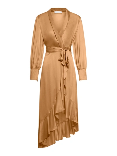 Shop Zimmermann Silk Wrap Midi Dress In Camel