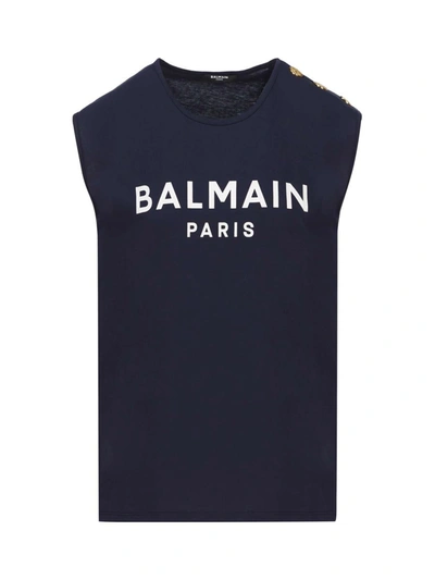 Shop Balmain Top In Blue Marine/blanc