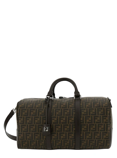 Shop Fendi 'large Duffle' Brown Travel Bag With Ff Motif In Fabric Man