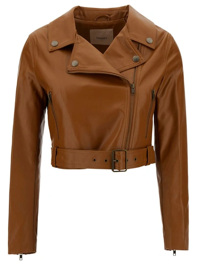 Shop Twinset Brown Cropped Biker Jacket With Belt In Faux Leather Woman