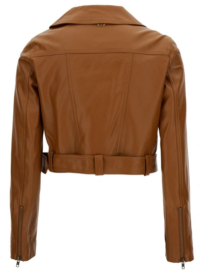 Shop Twinset Brown Cropped Biker Jacket With Belt In Faux Leather Woman