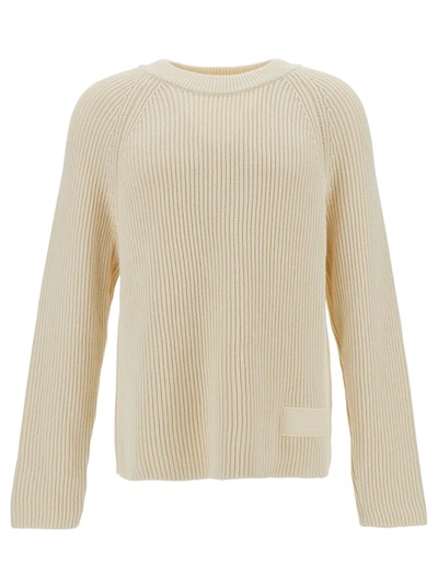 Shop Ami Alexandre Mattiussi White Ribbed Sweater With Logo Patch In Cotton And Wool Man