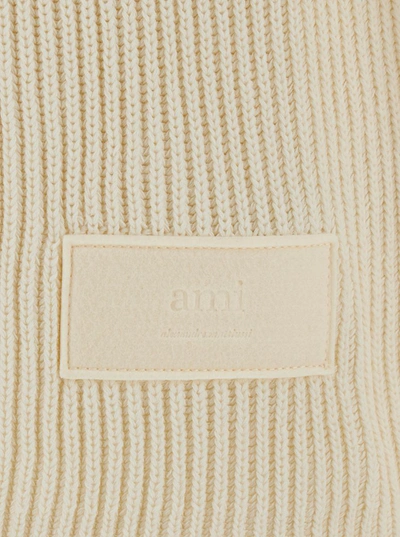 Shop Ami Alexandre Mattiussi White Ribbed Sweater With Logo Patch In Cotton And Wool Man