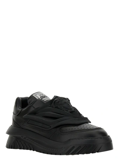 Shop Versace 'odissea' Black Low Top Sneakers With 3d Medusa Detail In Leather Man