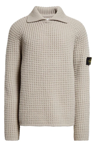 Shop Stone Island Knotted Rib Stitch Virgin Wool Polo Sweater In Plaster
