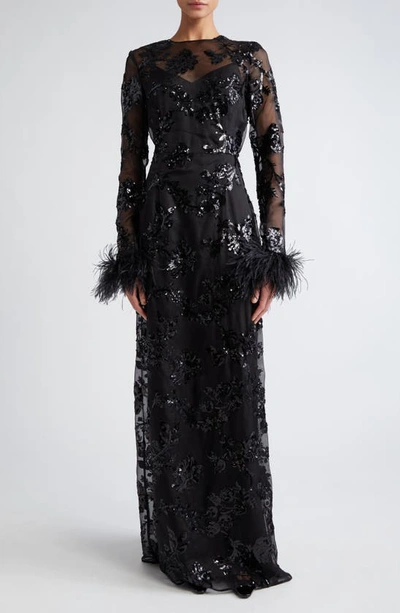 Shop Erdem Sequin Feather Cuff Long Sleeve Silk Organza Gown In Black Black