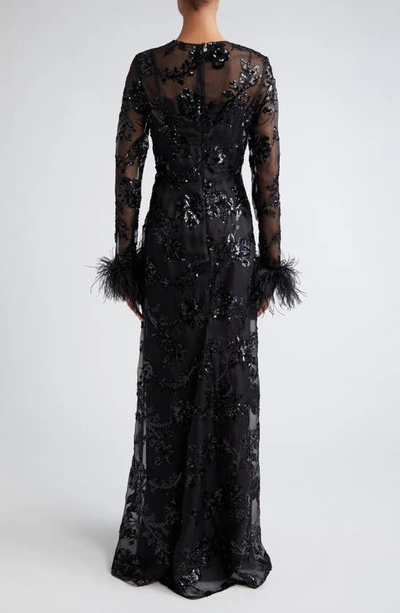 Shop Erdem Sequin Feather Cuff Long Sleeve Silk Organza Gown In Black Black