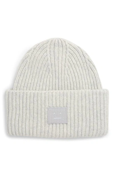 Shop Acne Studios Pansy Face Patch Rib Wool Beanie In Light Grey Melange