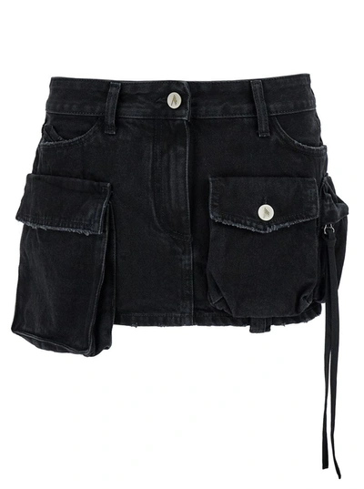 Shop Attico 'fay' Black Mini-skirt With Oversized Cargo Pockets In Denim Woman