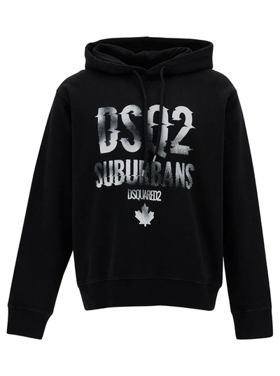 Shop Dsquared2 Black Hoodie With Logo Print In Cotton Man