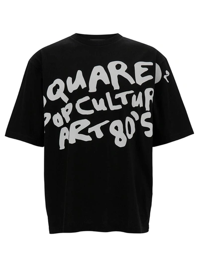 Shop Dsquared2 Black Crewneck T-shirt With '80s Contrasting Logo Print In Cotton Man